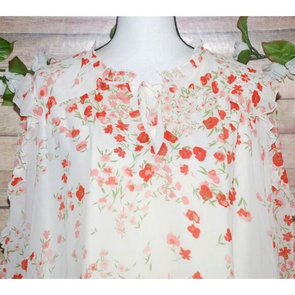 SUGARLIPS Love Bomb Blouse Size 2X Cream Floral Sheer Long Sleeve Ruffles Tie - Picture 3 of 12
